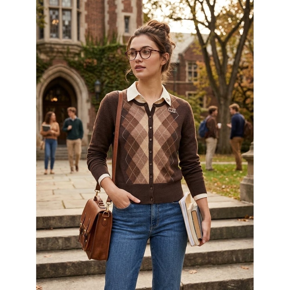 Cashmere Argyle Cardigan Brown/Tan Argyle 100% Cashmere Collegiate academia L